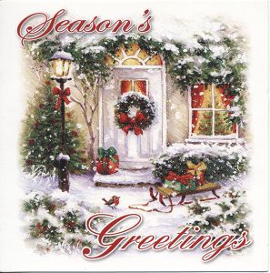 Складная открытка. Seasons Greetings. Дверь, фонарь, санки, окно ― PopCards.ru